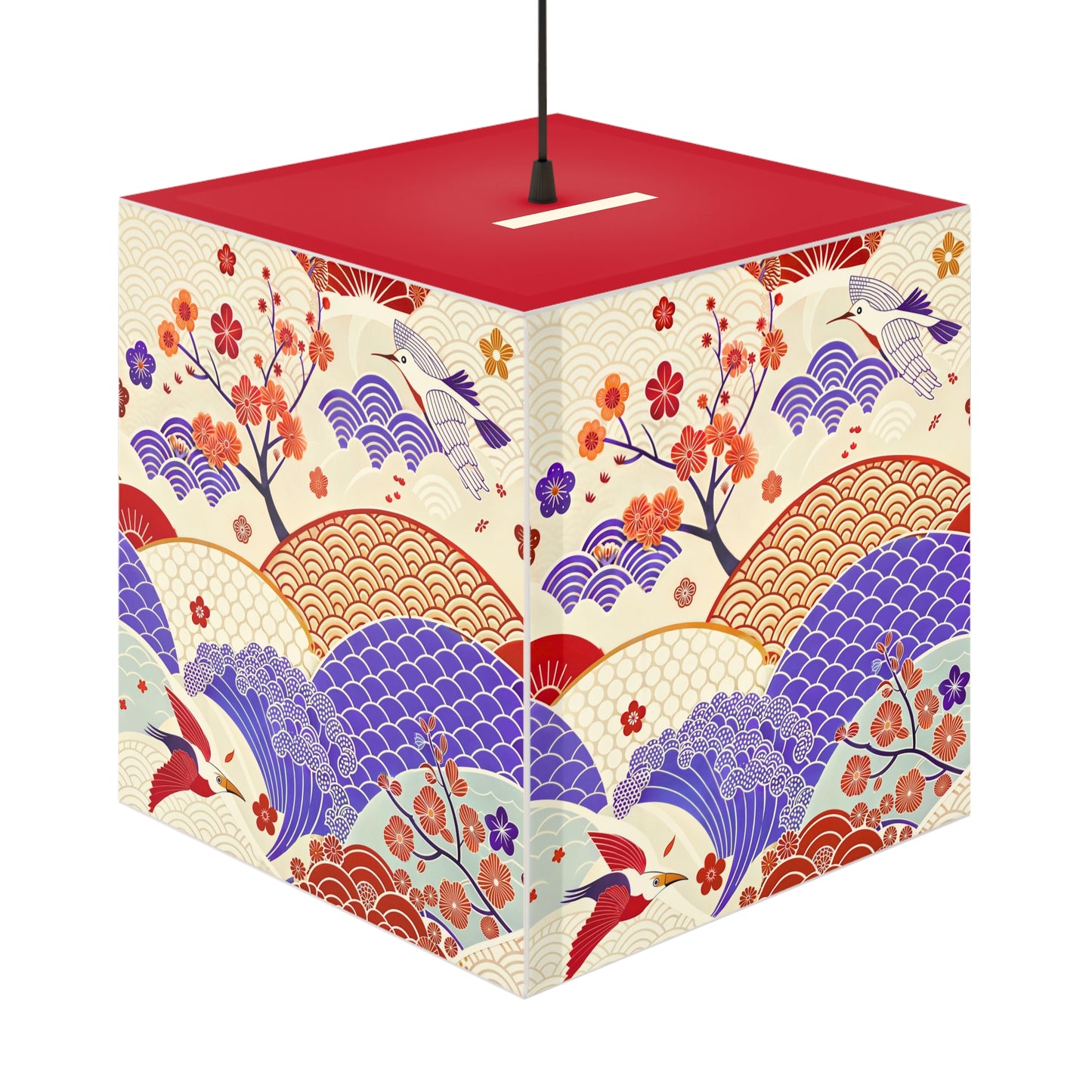 Japanese Wave & Crane Light Cube Lamp — Floral Origami Pattern Ambient Pendant