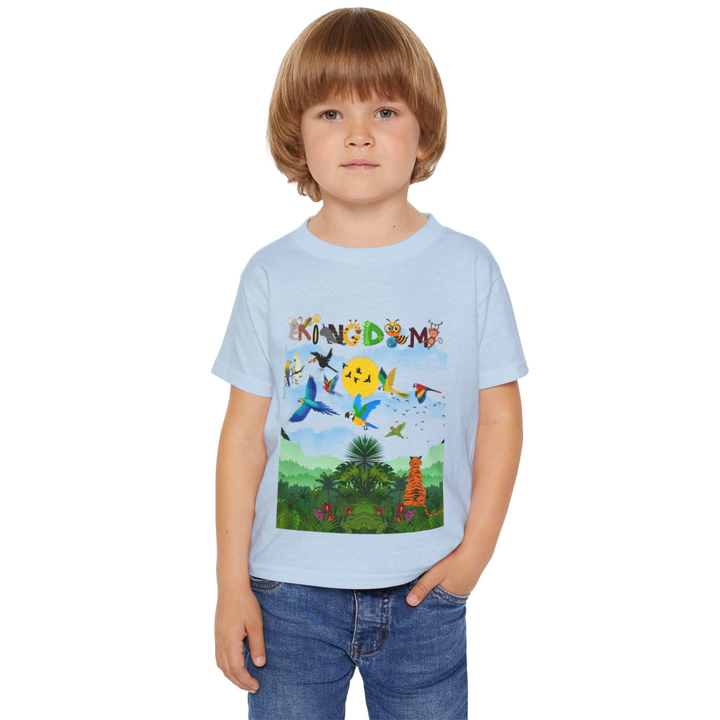 Toddler T‑Shirt — "Kingdom" Jungle Animals Design (Colorful Birds & Sunshine) Printify