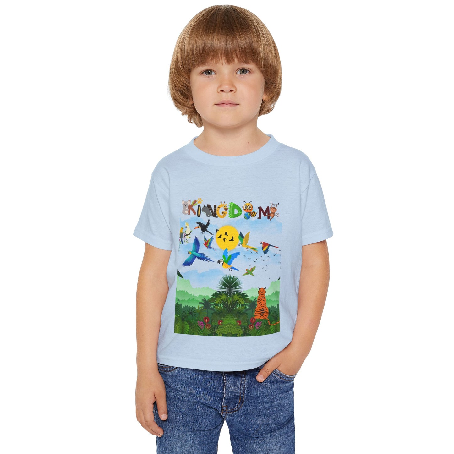 Toddler T‑Shirt — "Kingdom" Jungle Animals Design (Colorful Birds & Sunshine)