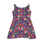 Colorful Patchwork Skater Dress — Geometric Top & Denim Patch Print Printify