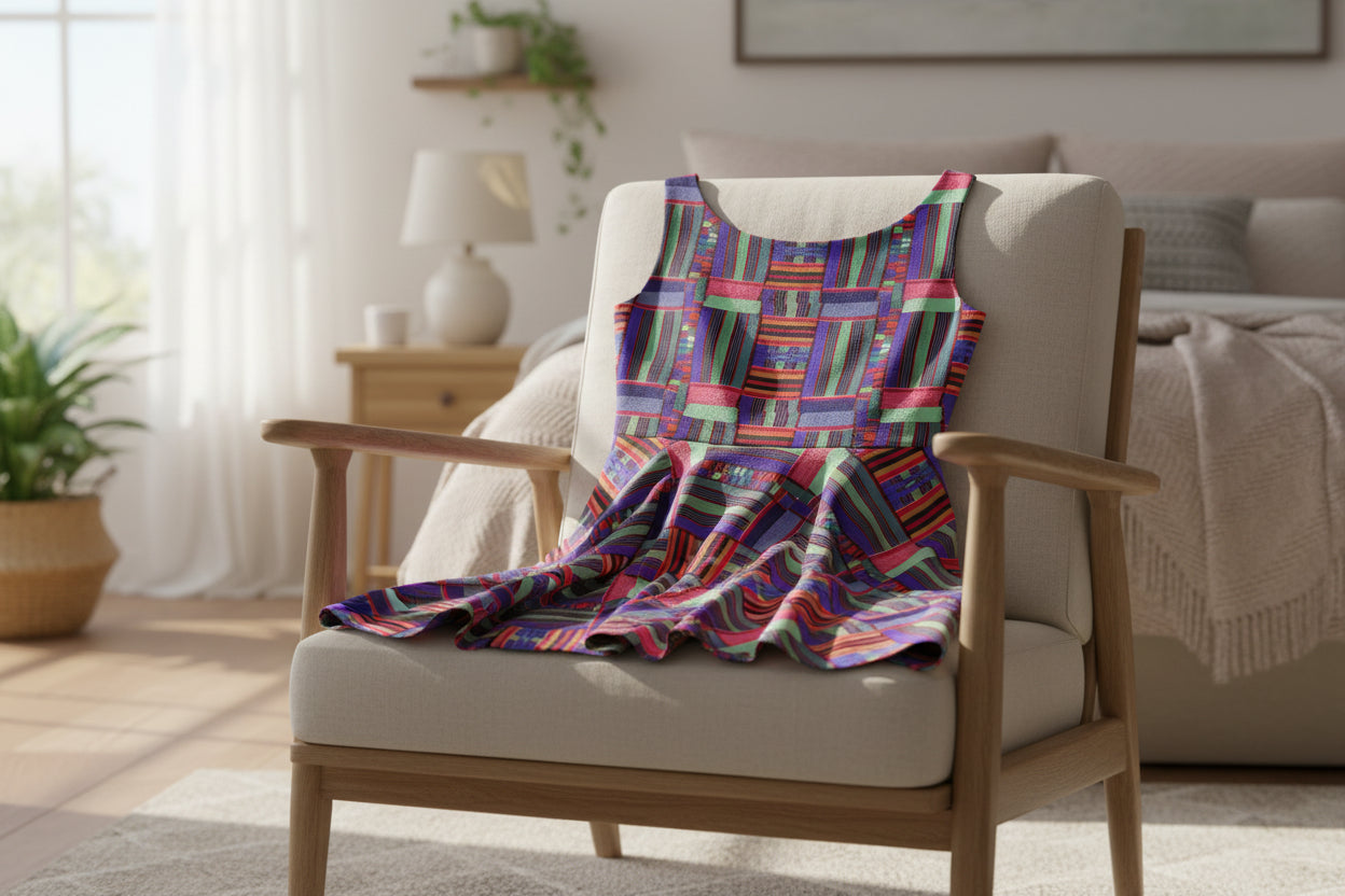 Colorful Patchwork Skater Dress — Geometric Top & Denim Patch Print