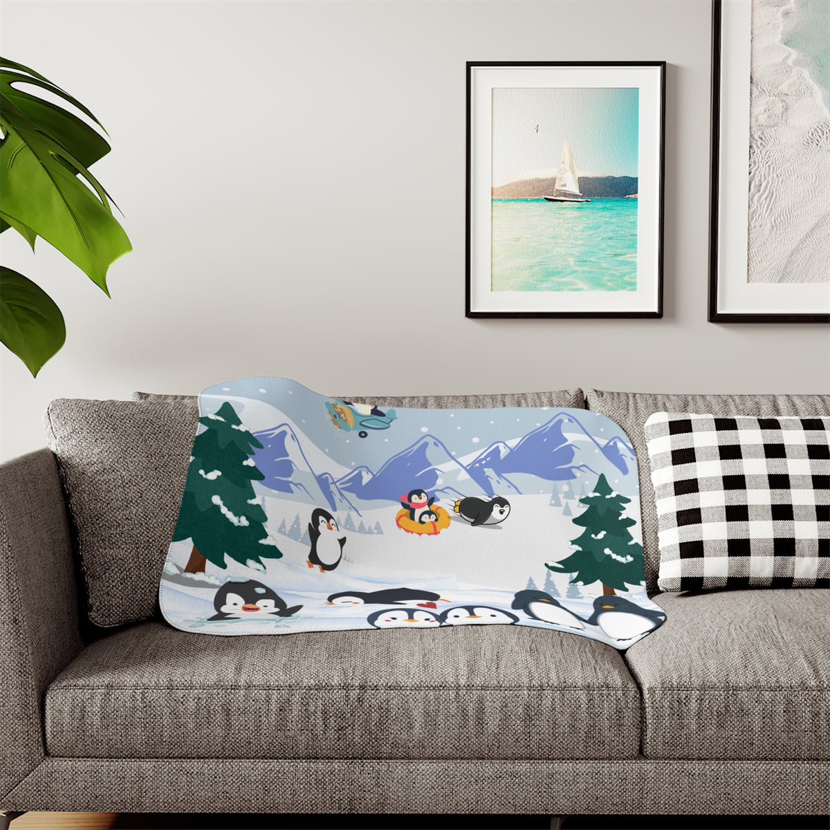 Cozy Sherpa Blanket with Fun Penguin Design | Warm Gift for Kids, Winter, Holiday, Home Decor, Snuggle Time Printify