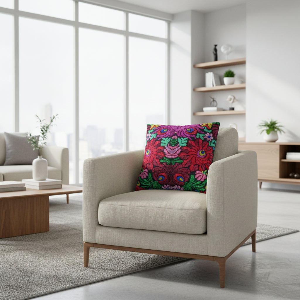 Faux Suede Pillow - Vibrant Floral Boho Square Throw Pillowcase