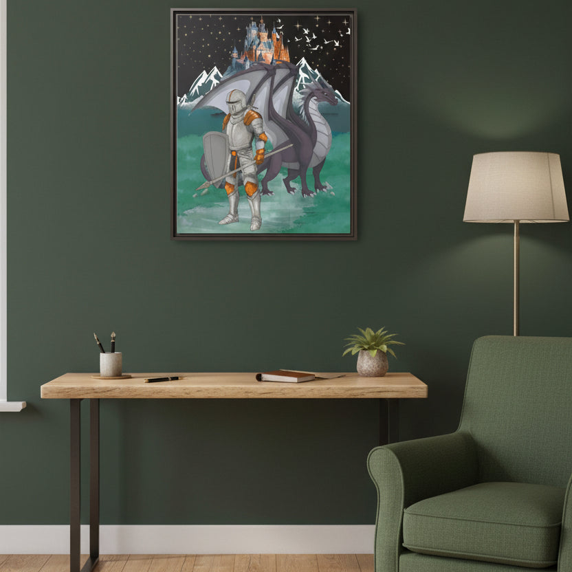 Knight and Dragon Fantasy Art, Framed Matte Canvas Printify