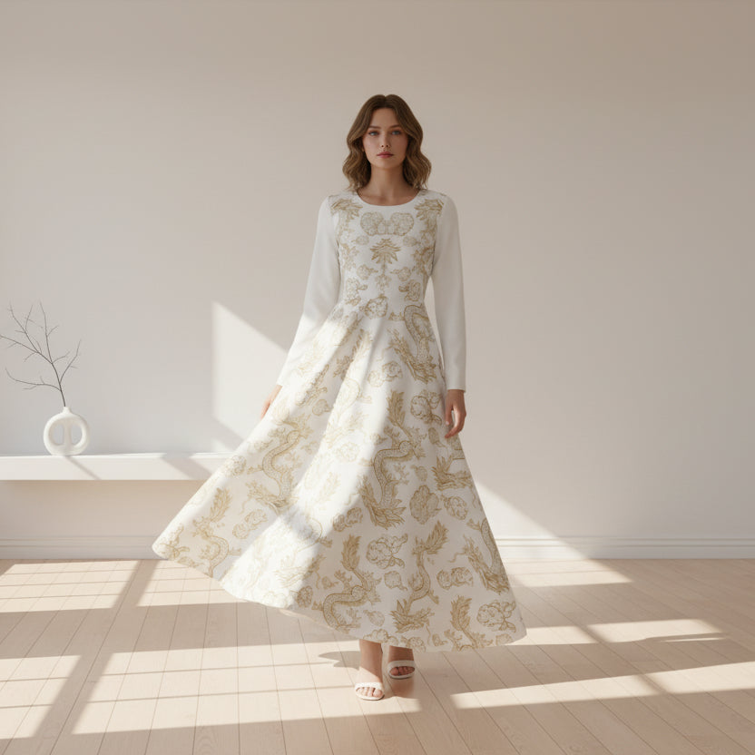 Elegant Dragon Print Long Sleeve Dance Dress | Boho Style, Dance Wear, Vintage Inspired Printify