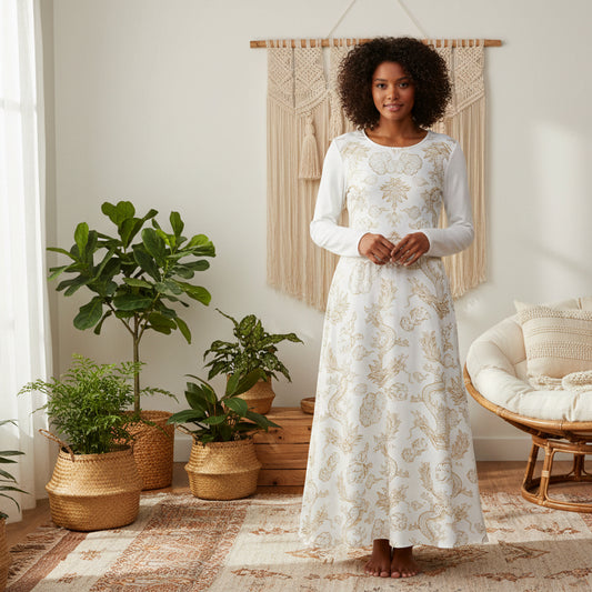 Elegant Dragon Print Long Sleeve Dance Dress | Boho Style, Dance Wear, Vintage Inspired