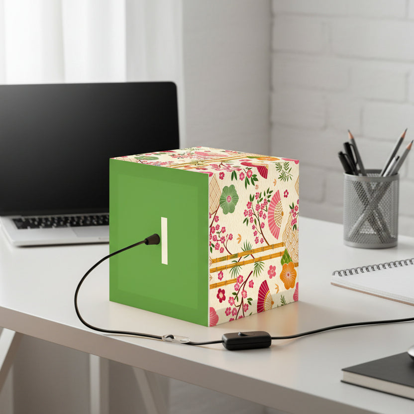 Japanese Floral Cube Lamp — Sakura Fans & Bamboo Light Cube