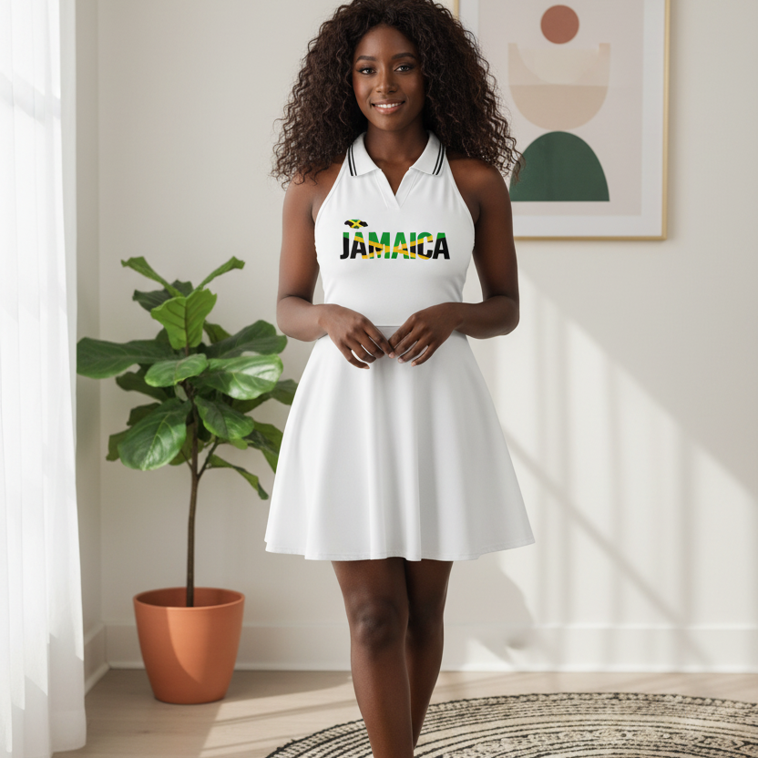 Jamaica Flag Themed Women's Collared Halter A-Line Tennis Dress
