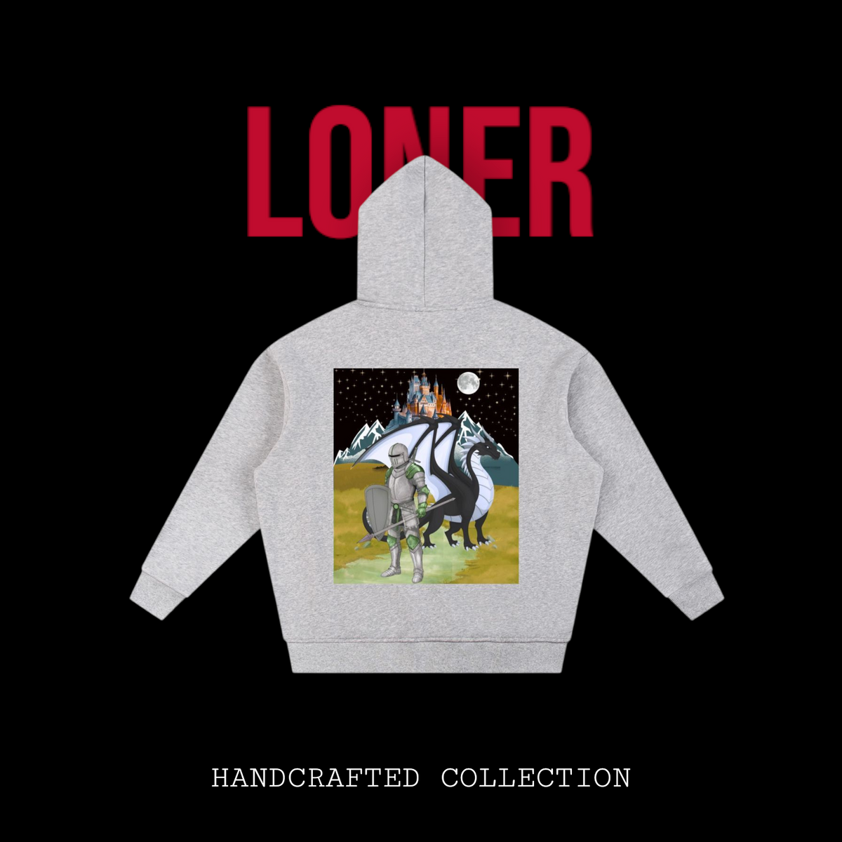 Medieval Knight and Dragon Graphic Hoodie, Sun Fade Contrast Tape Fleece Hoodie ODMPOD