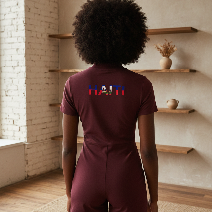Haiti Flag Themed Women's Quarter-Zip Short Sleeve Romper
