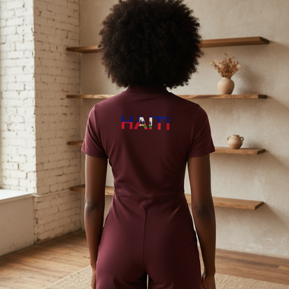 Haiti Flag Themed Women's Quarter-Zip Short Sleeve Romper