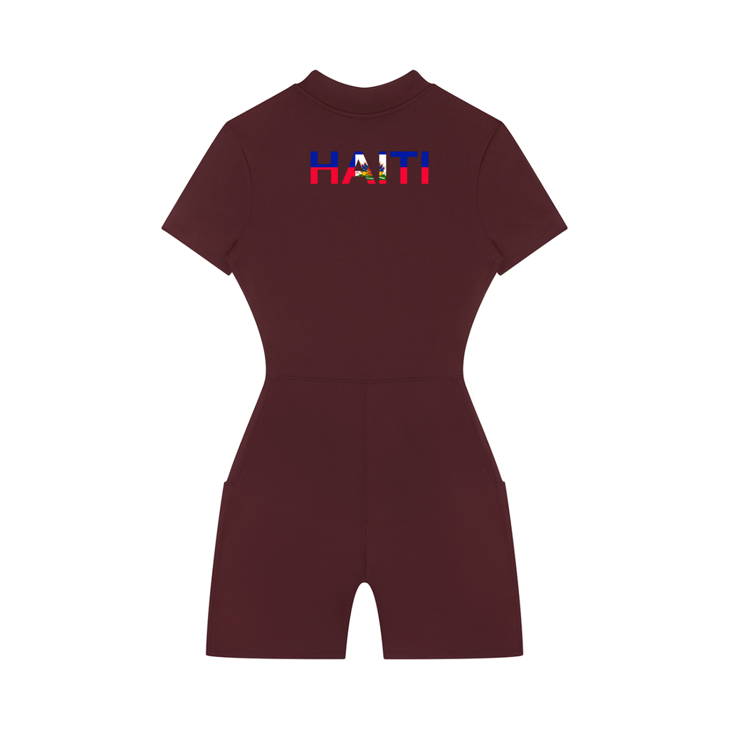 Women's Quarter-Zip Short Sleeve Romper featuring the Haiti Flag Art