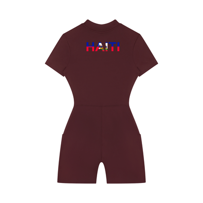 Haiti Flag Themed Women's Quarter-Zip Short Sleeve Romper