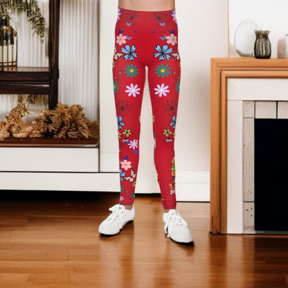 Colorful Floral Youth Leggings - Butterflies & Flowers Design