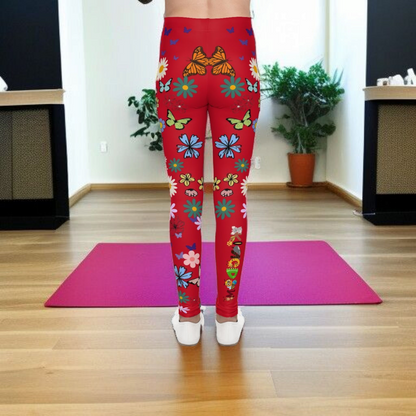 Colorful Floral Youth Leggings - Butterflies & Flowers Design