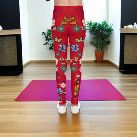 Colorful Floral Youth Leggings - Butterflies & Flowers Design