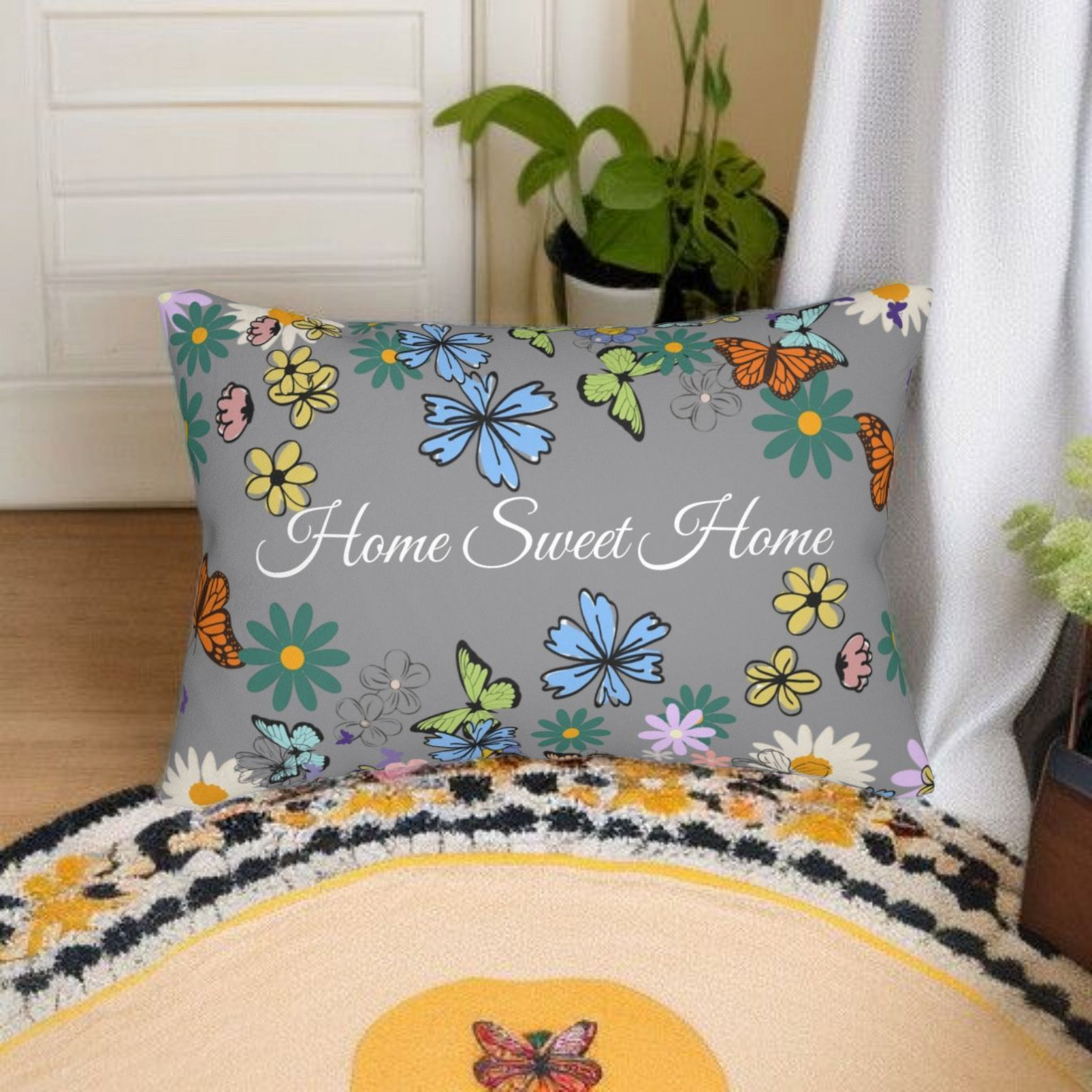 Home Sweet Home Floral Lumbar Pillow - Cozy Accent for Living Room