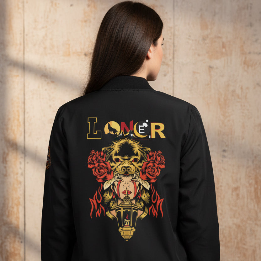 Wolf Themed Women's Bomber Jacket, Illusion Art Graphic Outerwear, Wild Animal Print