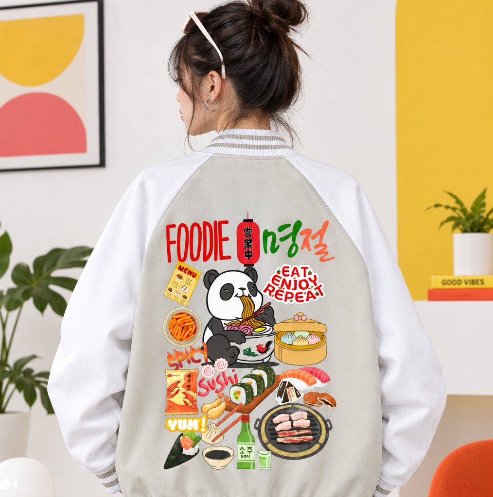 Foodie Themed Graphic Two Tone Raglan Sleeve Varsity  Unisex Jacket