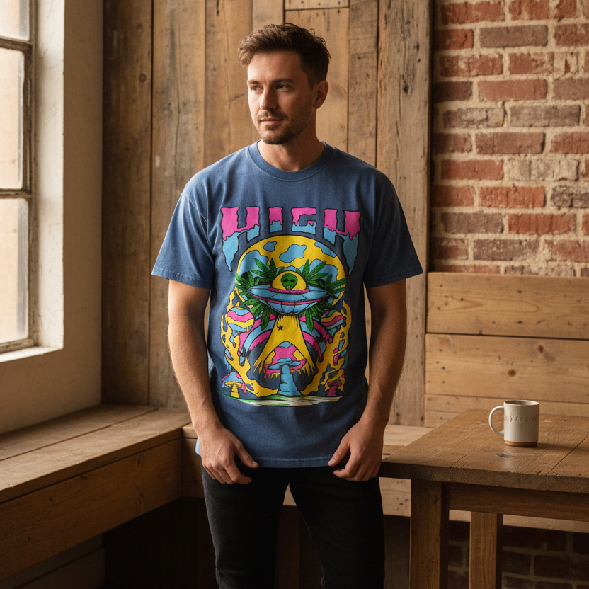 Unisex Oversized Cotton T-Shirt with Graphic Alien Art in Snow Wash