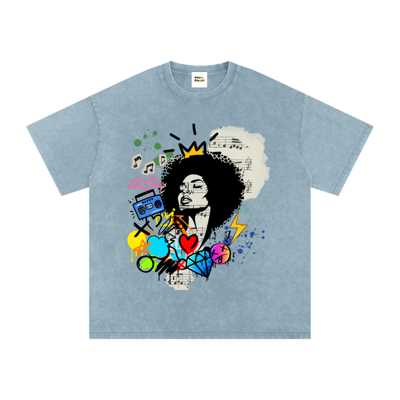 Graffiti Black Musician Art Unisex Snow Washed Oversized Cotton T-Shirt
