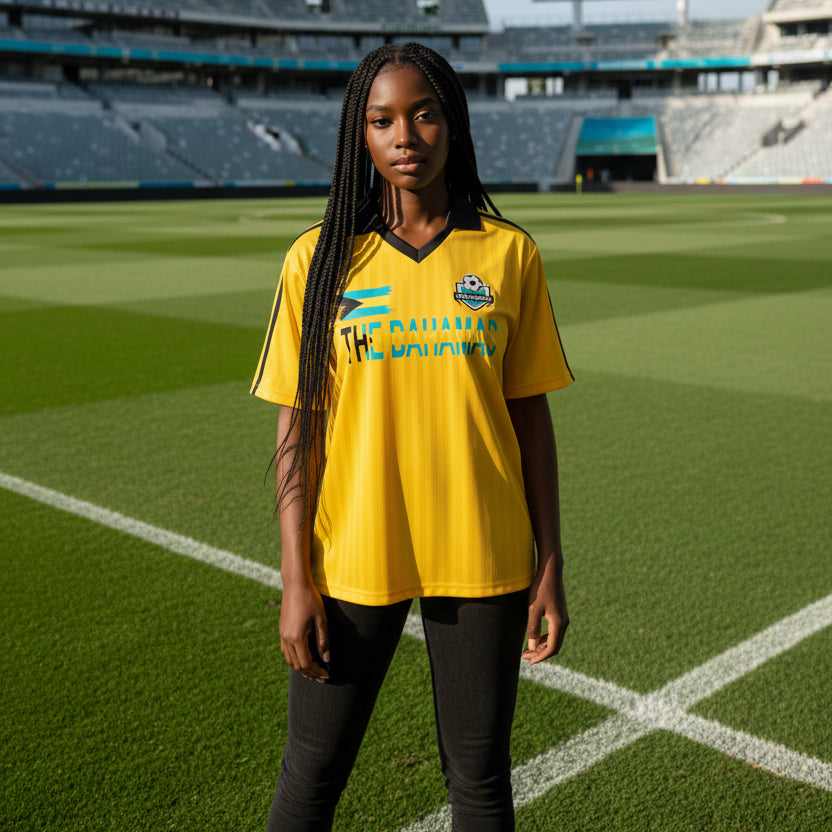 Bahamas Flag Themed Contrast Collar Striped Soccer Jersey