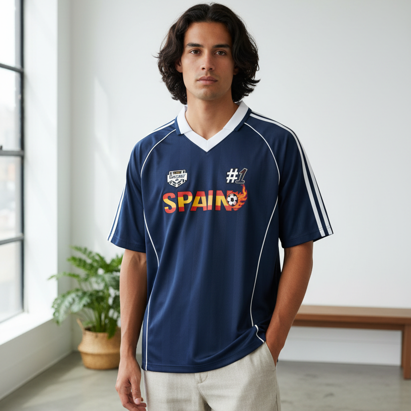Spain Flag Themed Graphic Stripe Collared Soccer Jersey