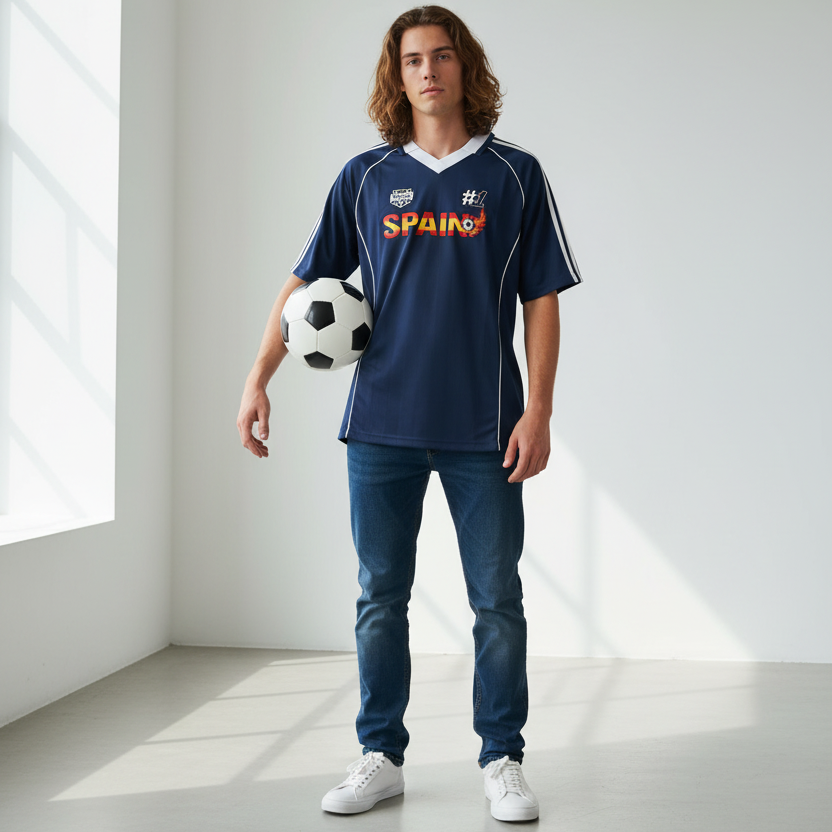 Spain Flag Themed Graphic Stripe Collared Soccer Jersey