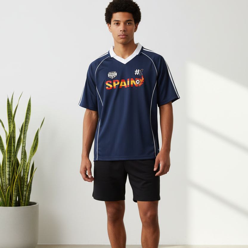 Spain Flag Themed Graphic Stripe Collared Soccer Jersey