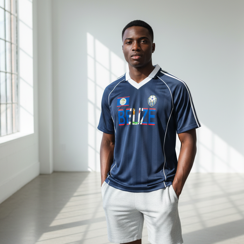 Belize Flag Themed Shadow Stripe Collared Soccer Graphic Unisex Jersey ODMPOD