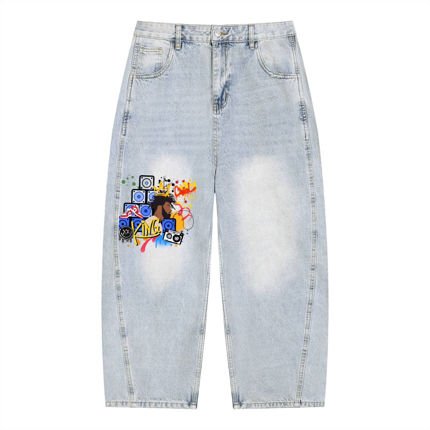 DJ Graffiti Art Graphic Men's Vintage Wash Sunfade Barrel Leg Jeans