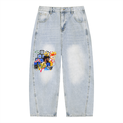 DJ Graffiti Art Graphic Men's Vintage Wash Sunfade Barrel Leg Jeans