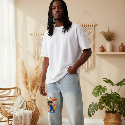 DJ Graffiti Art Graphic Men's Vintage Wash Sunfade Barrel Leg Jeans