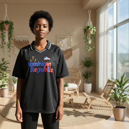 Dominican Republic Flag Themed Graphic Striped V-Neck Soccer Unisex Jersey
