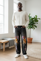 Men's Heavyweight Denim Jeans Featuring Tiger Graphic Art and Washed Finish ODMPOD