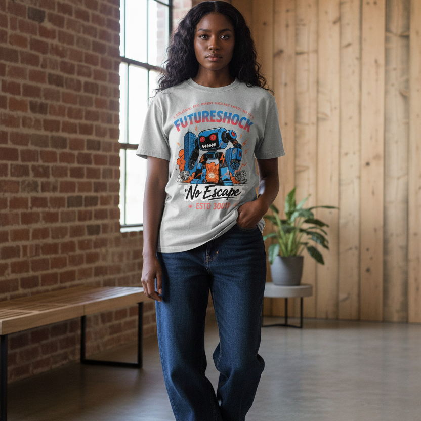 Future Robot Dystopia Graphic Snow Washed Oversized Cotton Unisex T-Shirt