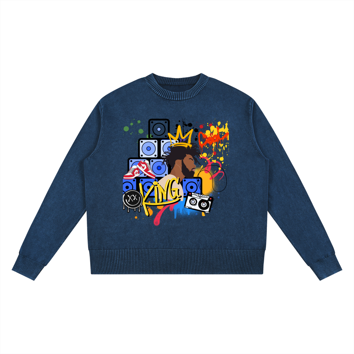 King Art Graphic Men's Mineral Wash Oversized Sweater
