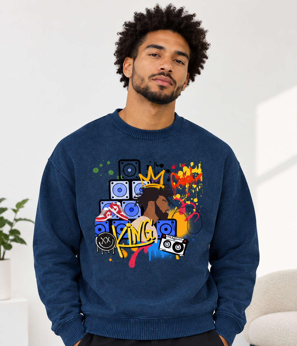 King Art Graphic Men's Mineral Wash Oversized Sweater