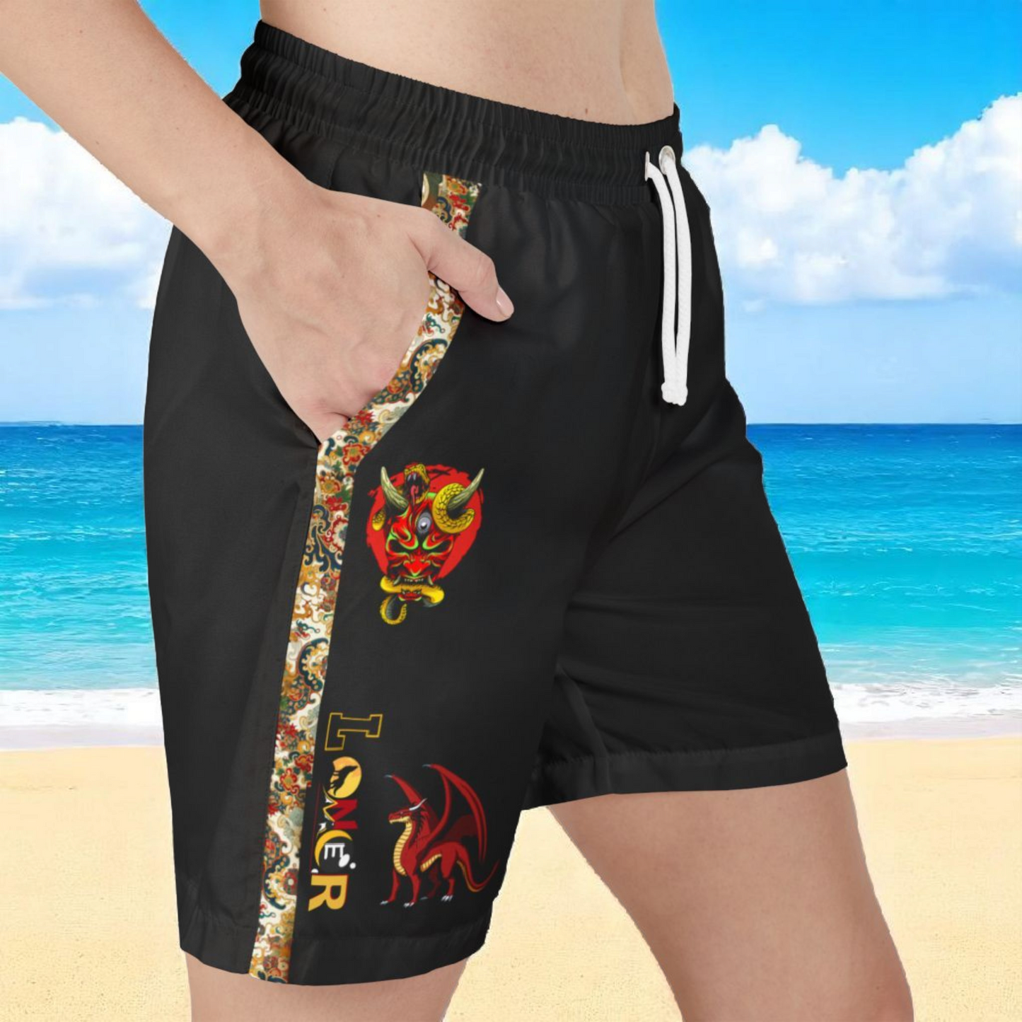 Floral, Dragon Themed Graphic Swim Shorts, Unisex Beachwear, Summer Essentials