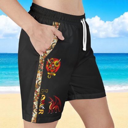 Floral, Dragon Themed Graphic Swim Shorts, Unisex Beachwear, Summer Essentials