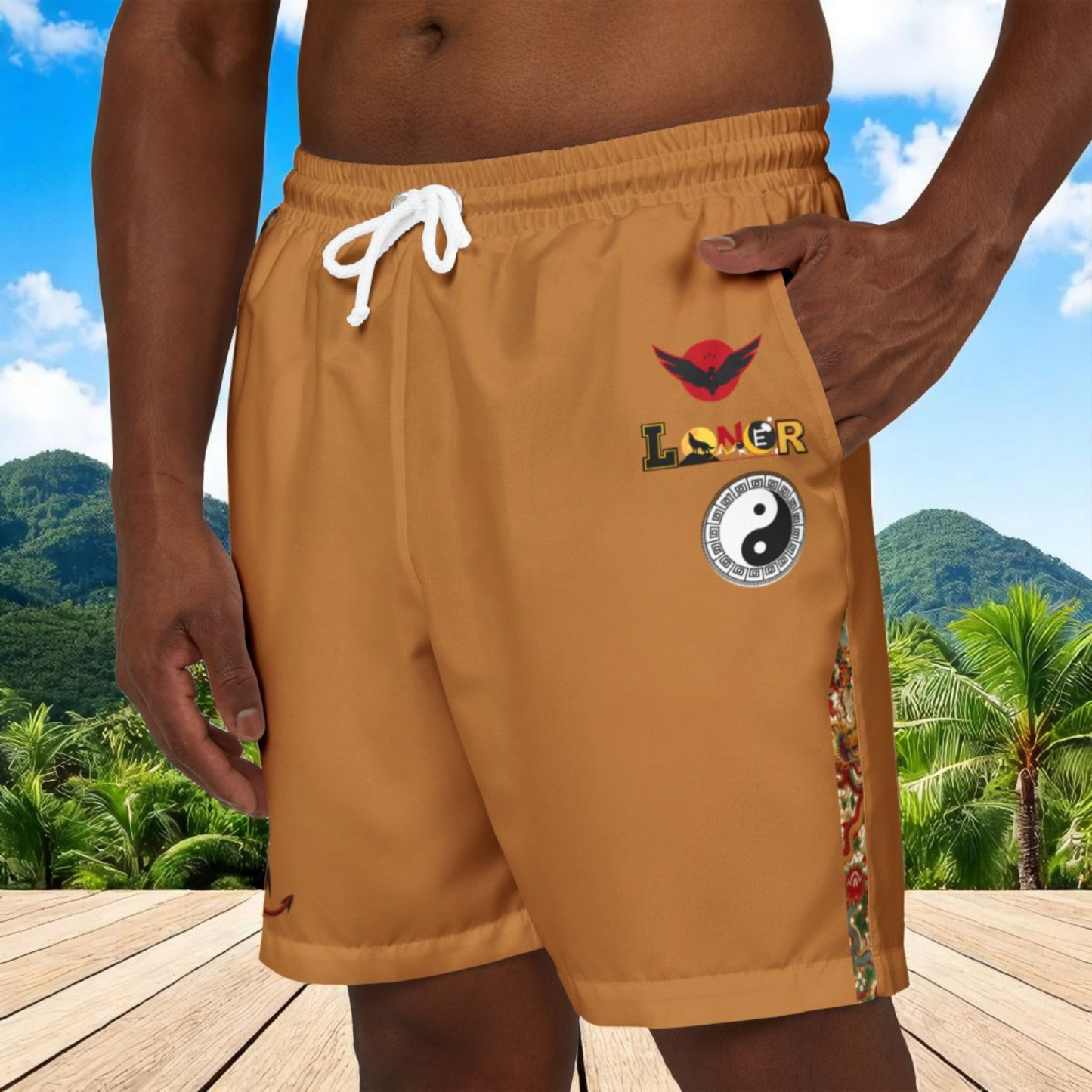 Floral, Dragon Themed Graphic Swim Shorts, Unisex Beachwear, Summer Essentials
