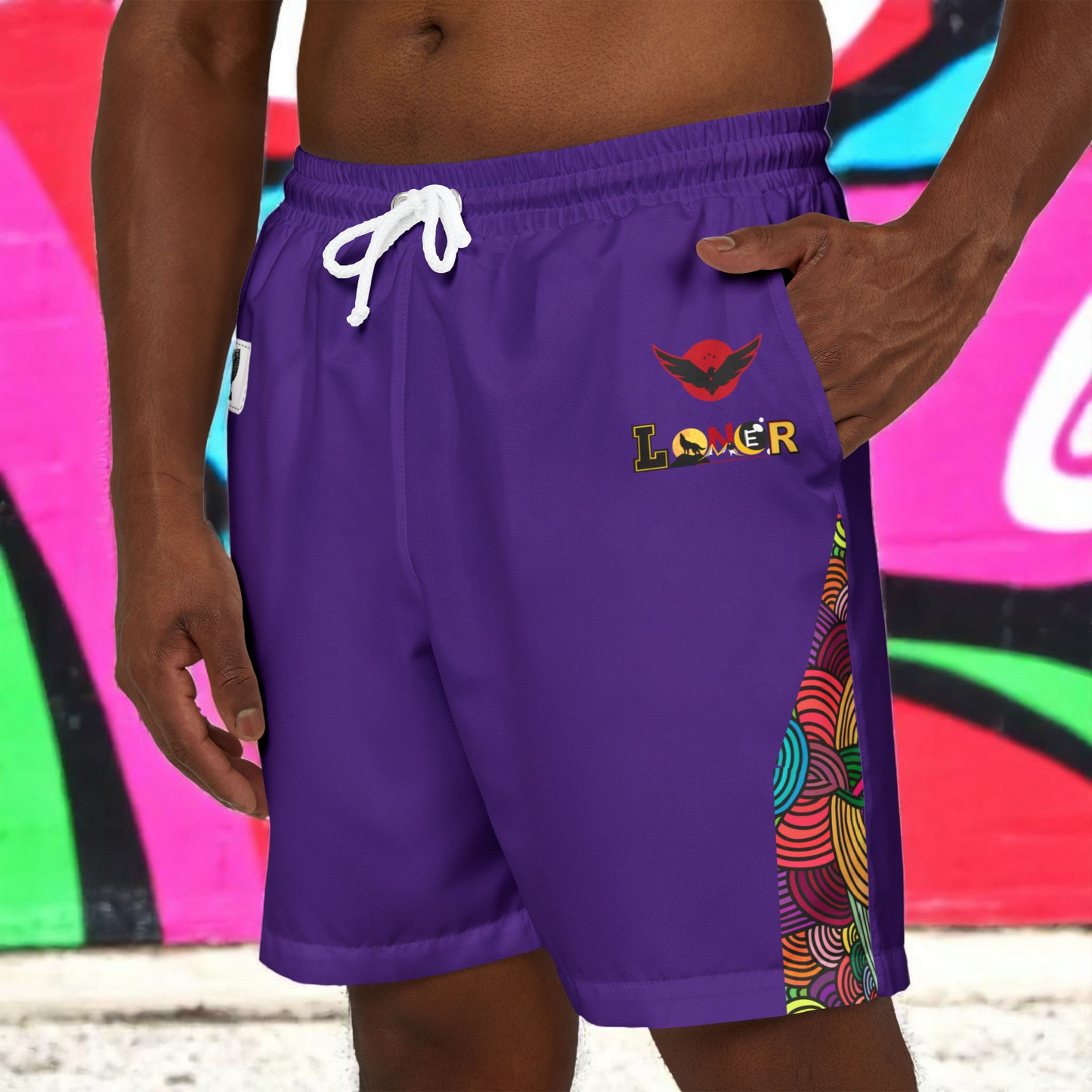 Badged Graphic Swim Shorts, Unisex Beachwear, Summer Essentials, Pool Party Attire