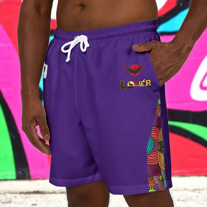 Badged Graphic Swim Shorts, Unisex Beachwear, Summer Essentials, Pool Party Attire