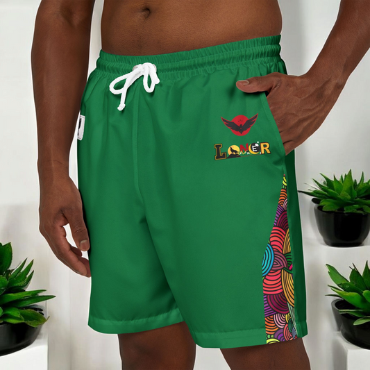 Badged Graphic Swim Shorts, Unisex Beachwear, Summer Essentials, Pool Party Attire