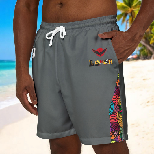 Badged Graphic Swim Shorts, Unisex Beachwear, Summer Essentials, Pool Party Attire