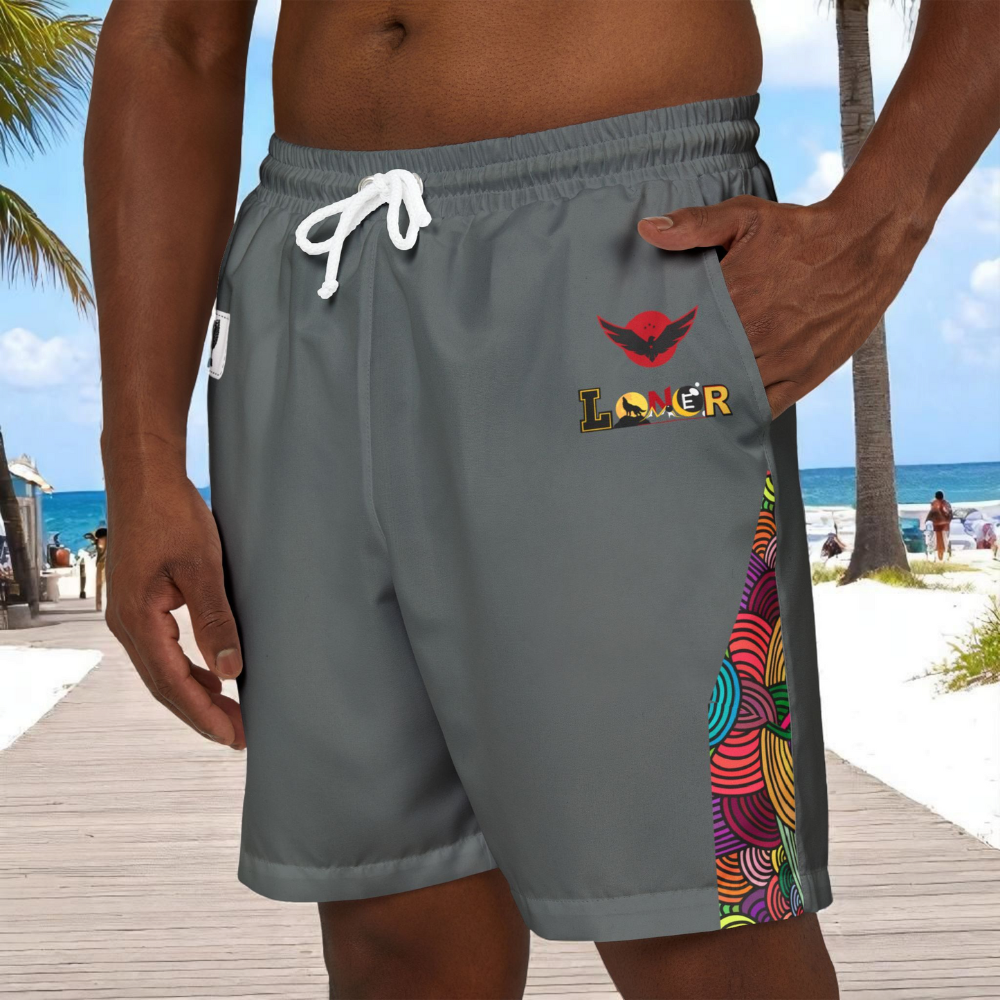 Badged Graphic Swim Shorts, Unisex Beachwear, Summer Essentials, Pool Party Attire