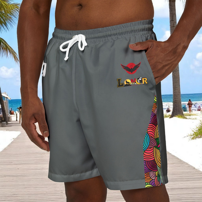 Badged Graphic Swim Shorts, Unisex Beachwear, Summer Essentials, Pool Party Attire