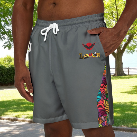 Badged Graphic Swim Shorts, Unisex Beachwear, Summer Essentials, Pool Party Attire