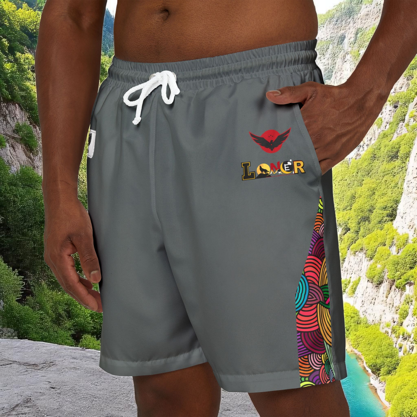 Badged Graphic Swim Shorts, Unisex Beachwear, Summer Essentials, Pool Party Attire