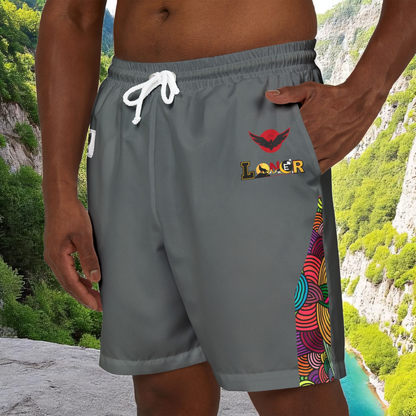 Badged Graphic Swim Shorts, Unisex Beachwear, Summer Essentials, Pool Party Attire